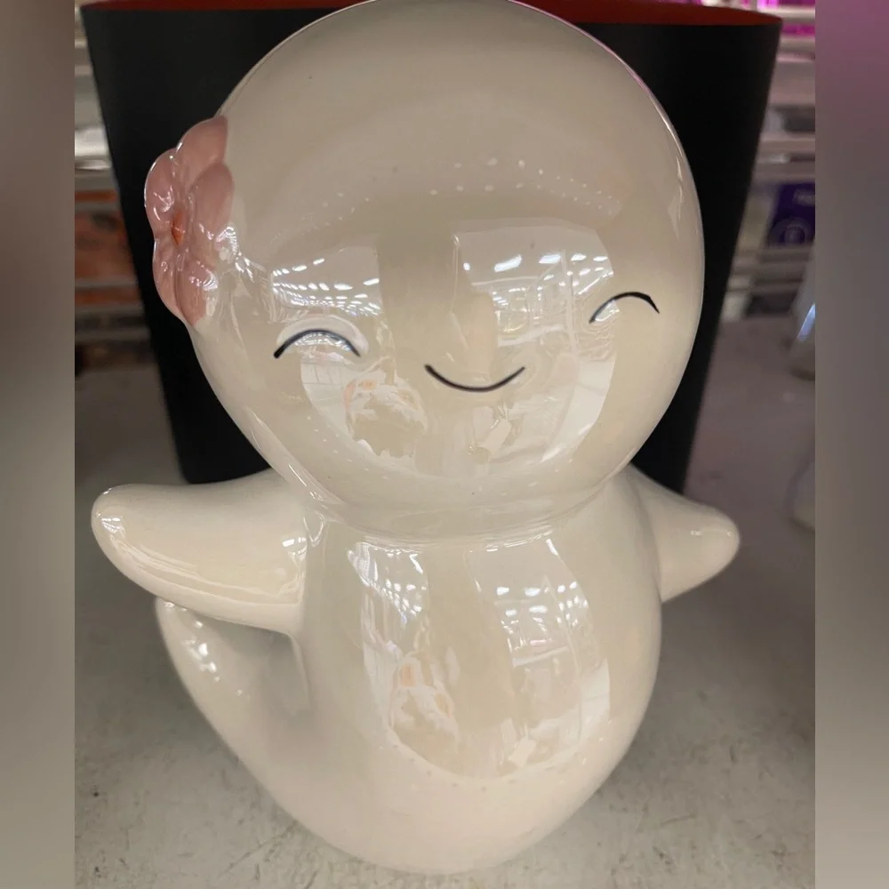 Pink Halloween Ghost Girl w/Pink Flower Ceramic Figure Holiday Decor NWT